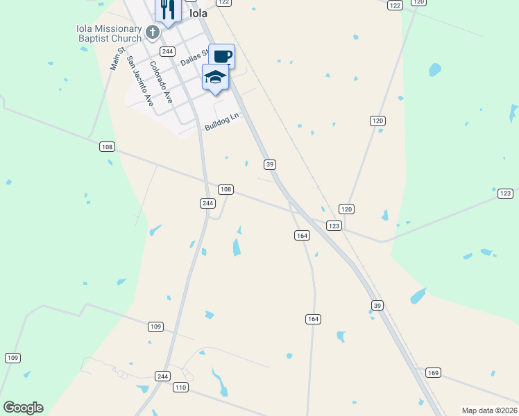 map of restaurants, bars, coffee shops, grocery stores, and more near 6581 County Road 108 in Iola