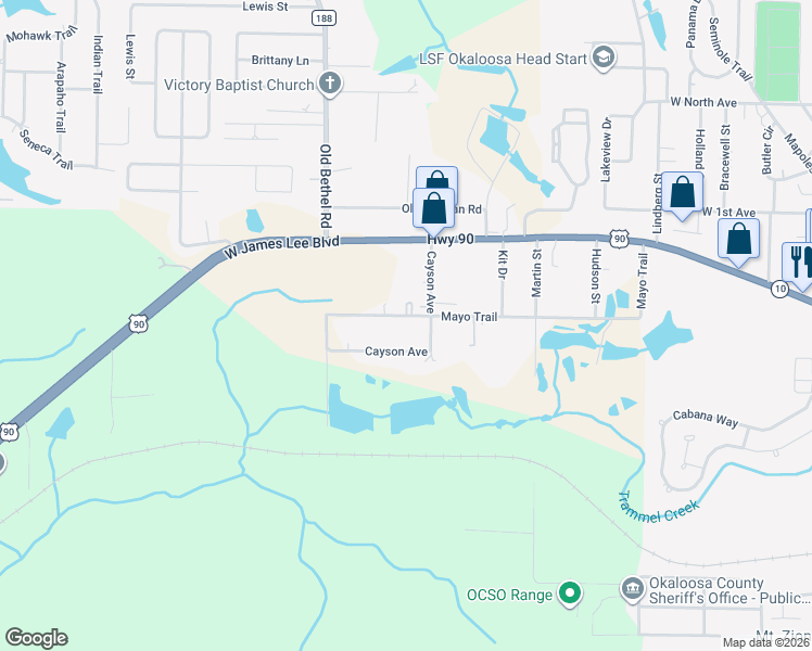 map of restaurants, bars, coffee shops, grocery stores, and more near 943 Mayo Trail in Crestview