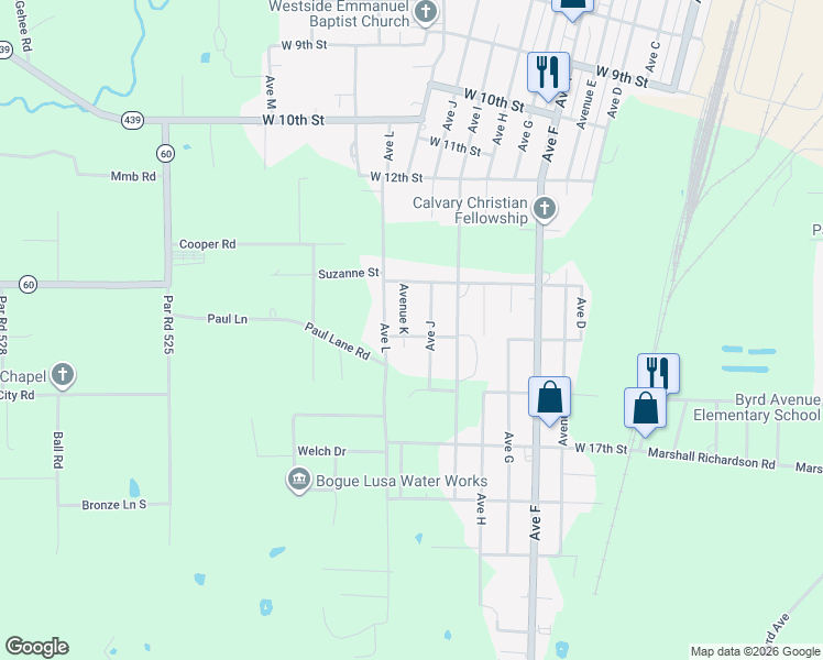 map of restaurants, bars, coffee shops, grocery stores, and more near 1429 Avenue J in Bogalusa