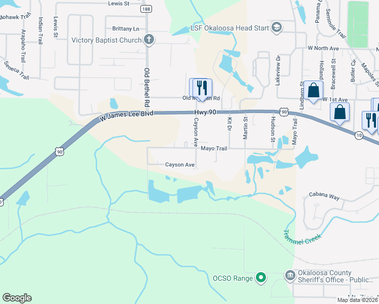 map of restaurants, bars, coffee shops, grocery stores, and more near 943 Mayo Trail in Crestview