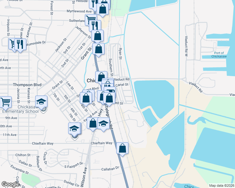map of restaurants, bars, coffee shops, grocery stores, and more near 7 Southern Street in Chickasaw