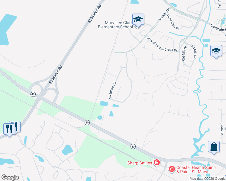 map of restaurants, bars, coffee shops, grocery stores, and more near 606 Victorias Circle in Saint Marys
