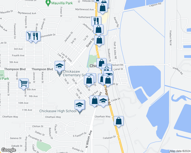 map of restaurants, bars, coffee shops, grocery stores, and more near 304 Garden Lane in Chickasaw