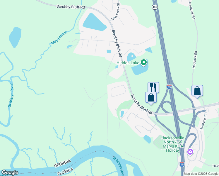 map of restaurants, bars, coffee shops, grocery stores, and more near 163 Whippoorwill Circle in Kingsland