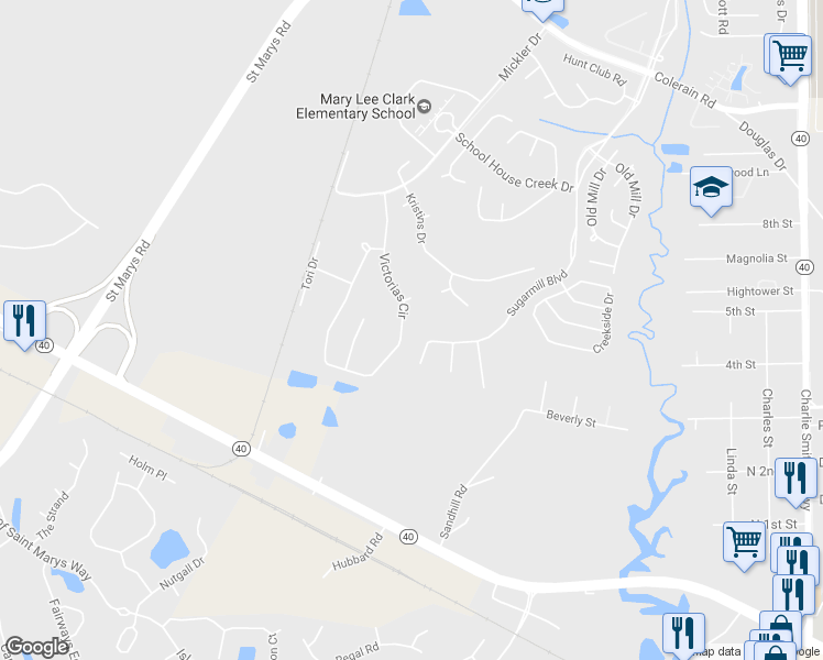 map of restaurants, bars, coffee shops, grocery stores, and more near 309 Victorias Circle in Saint Marys
