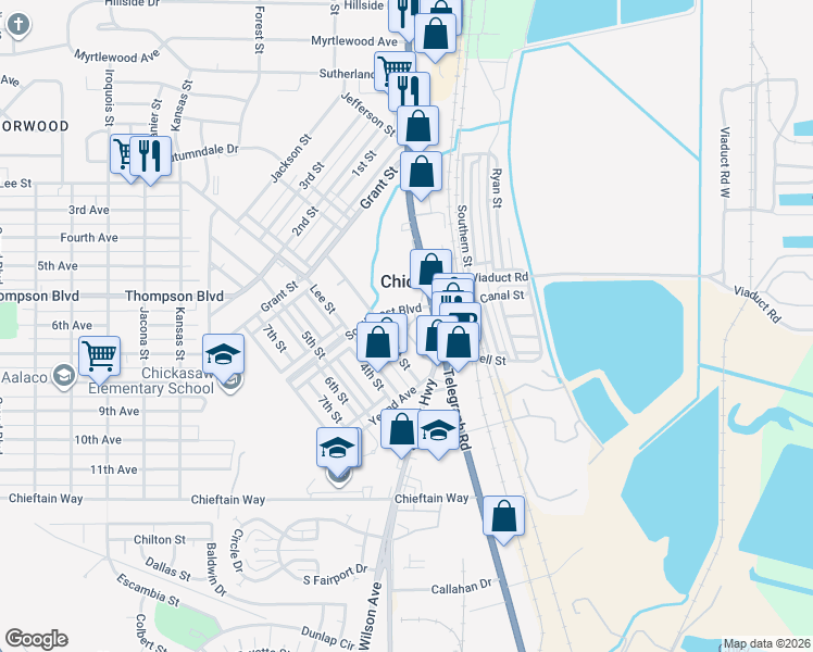 map of restaurants, bars, coffee shops, grocery stores, and more near 312 Garden Lane in Chickasaw