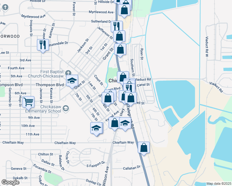 map of restaurants, bars, coffee shops, grocery stores, and more near 315 Garden Lane in Chickasaw