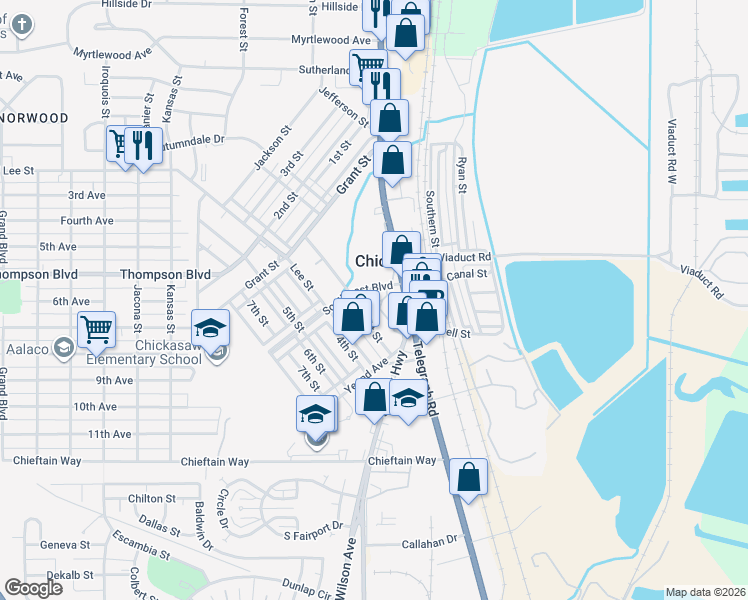 map of restaurants, bars, coffee shops, grocery stores, and more near 309 Garden Lane in Chickasaw