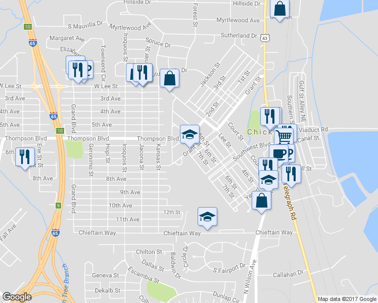 map of restaurants, bars, coffee shops, grocery stores, and more near 80 Grant Street in Chickasaw