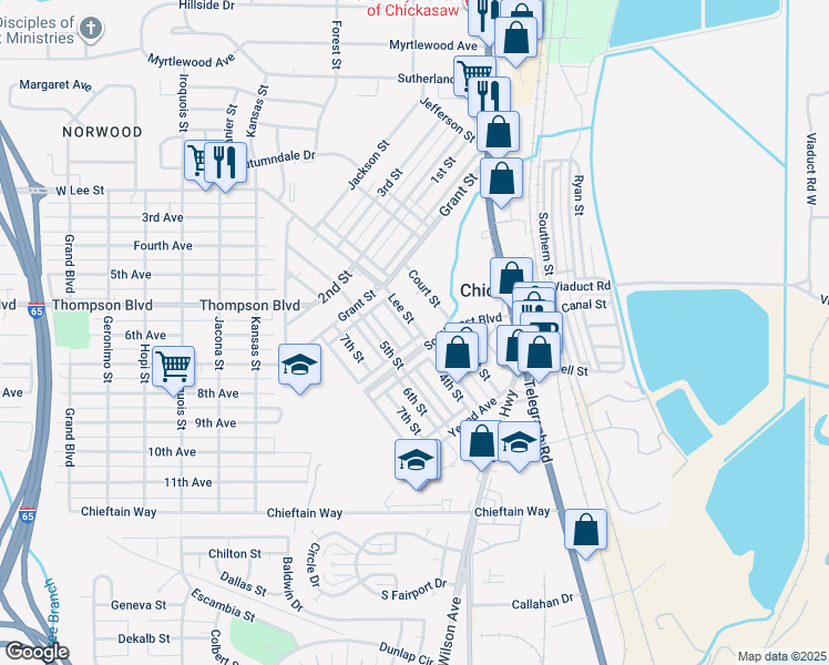map of restaurants, bars, coffee shops, grocery stores, and more near 222 4th Street in Chickasaw