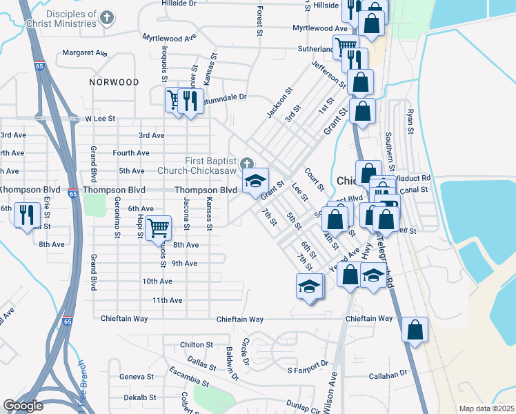 map of restaurants, bars, coffee shops, grocery stores, and more near 90 Grant Street in Mobile