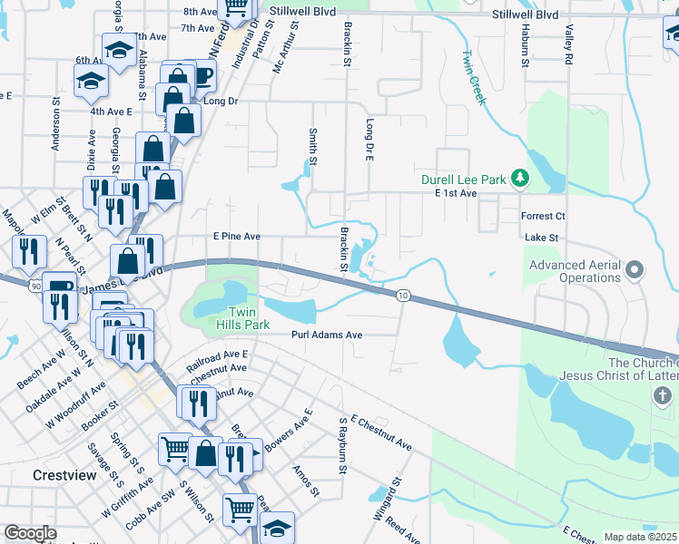 map of restaurants, bars, coffee shops, grocery stores, and more near 100 Corwin Drive in Crestview