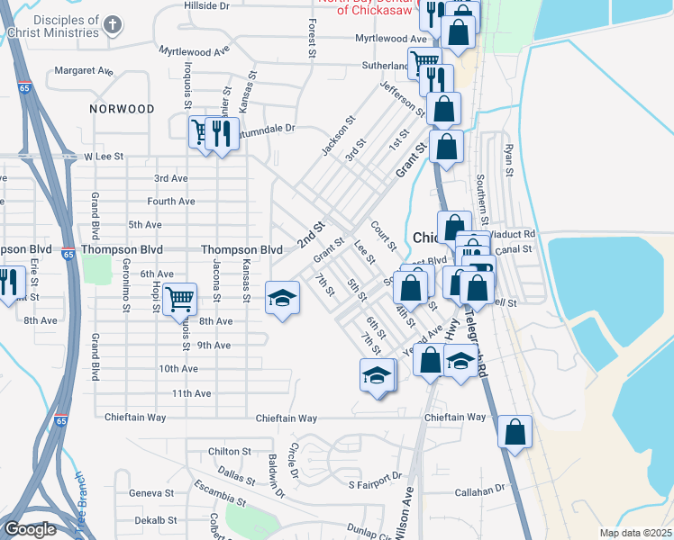 map of restaurants, bars, coffee shops, grocery stores, and more near 211 6th Street in Chickasaw