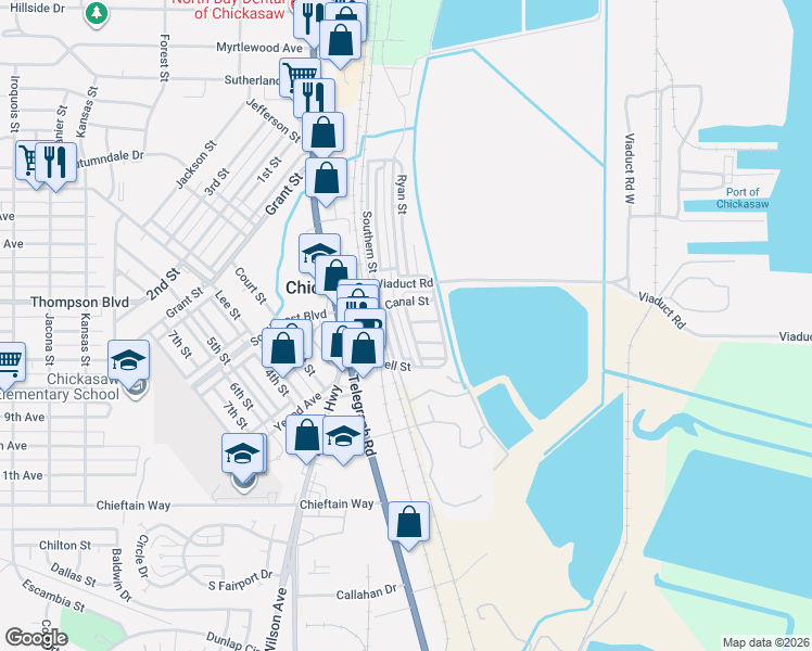 map of restaurants, bars, coffee shops, grocery stores, and more near 9 Oak Street in Chickasaw