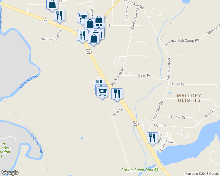 map of restaurants, bars, coffee shops, grocery stores, and more near 4781 Florida 71 in Marianna