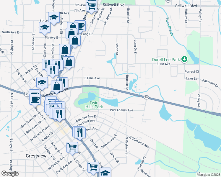 map of restaurants, bars, coffee shops, grocery stores, and more near 371 Hickory Avenue West in Crestview