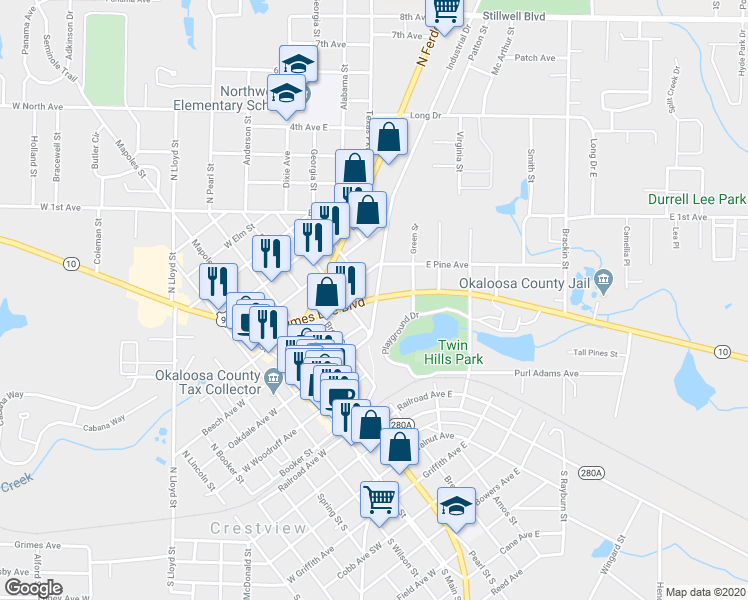 map of restaurants, bars, coffee shops, grocery stores, and more near 481 East James Lee Boulevard in Crestview
