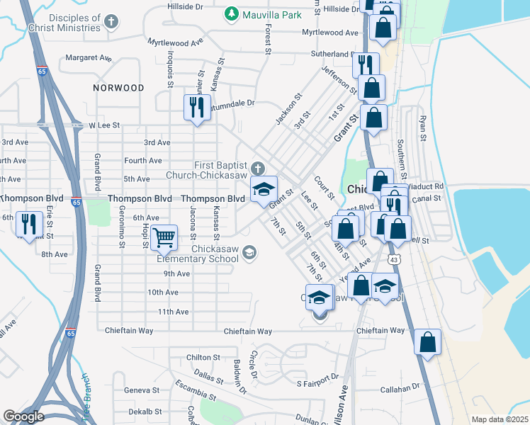 map of restaurants, bars, coffee shops, grocery stores, and more near 80 Grant Street in Chickasaw