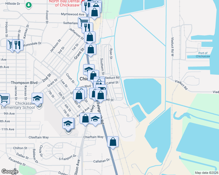 map of restaurants, bars, coffee shops, grocery stores, and more near 7 Southern Street in Chickasaw