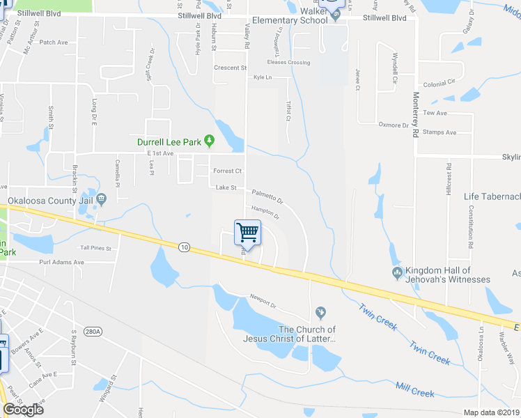 map of restaurants, bars, coffee shops, grocery stores, and more near 118 Hampton Drive in Crestview