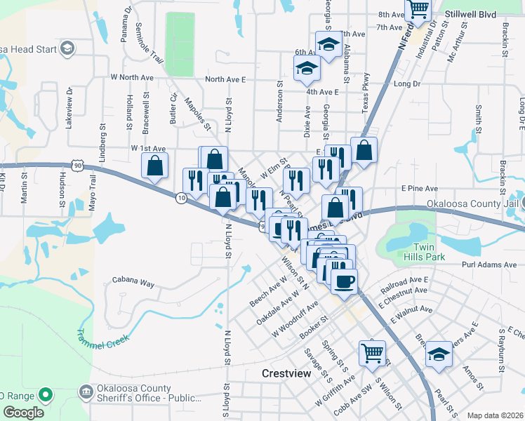 map of restaurants, bars, coffee shops, grocery stores, and more near 795 Wilson Street North in Crestview