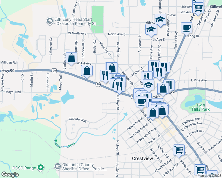 map of restaurants, bars, coffee shops, grocery stores, and more near 302 West James Lee Boulevard in Crestview