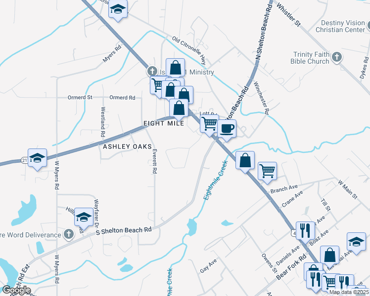 map of restaurants, bars, coffee shops, grocery stores, and more near Michael Circle in Prichard