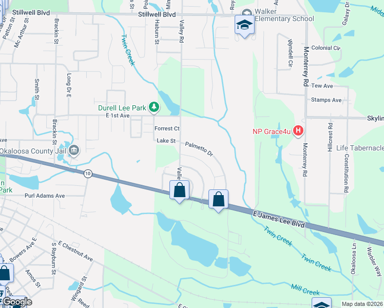 map of restaurants, bars, coffee shops, grocery stores, and more near 106 Palmetto Drive in Crestview