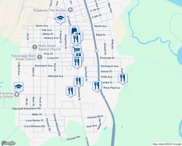 map of restaurants, bars, coffee shops, grocery stores, and more near 1729 Dewitt Place in Bogalusa