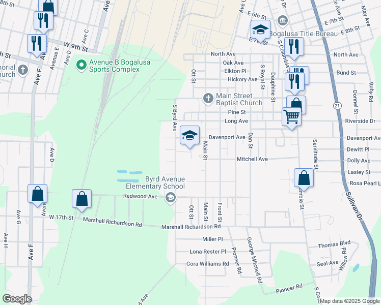 map of restaurants, bars, coffee shops, grocery stores, and more near 1600 Byrd Avenue in Bogalusa