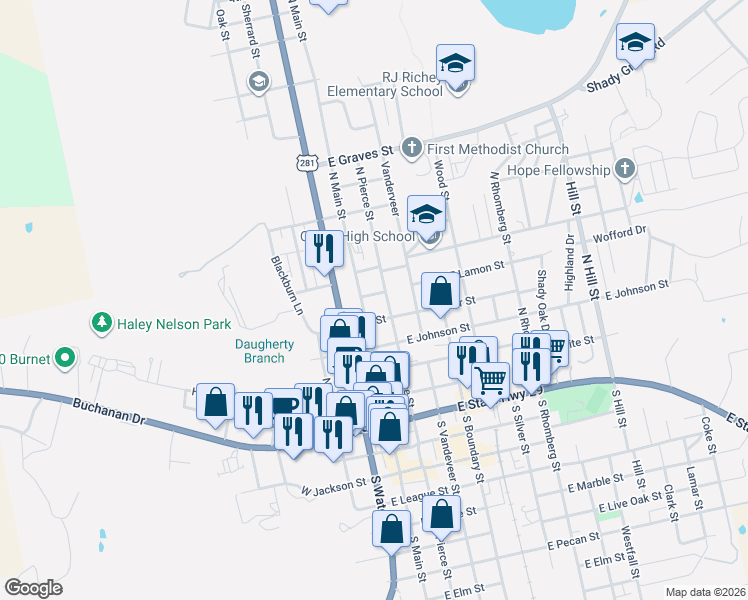 map of restaurants, bars, coffee shops, grocery stores, and more near 607 North Main Street in Burnet