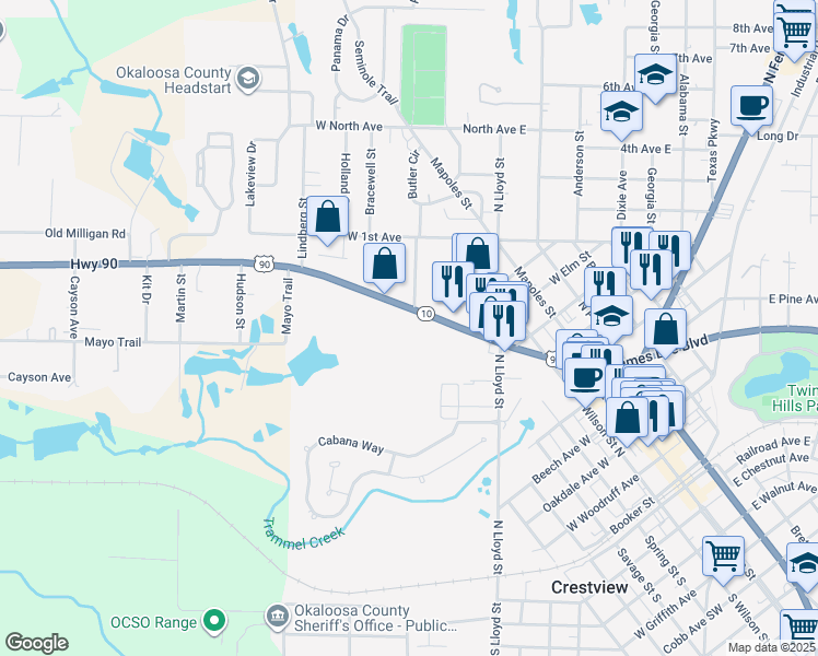 map of restaurants, bars, coffee shops, grocery stores, and more near 401 West James Lee Boulevard in Crestview