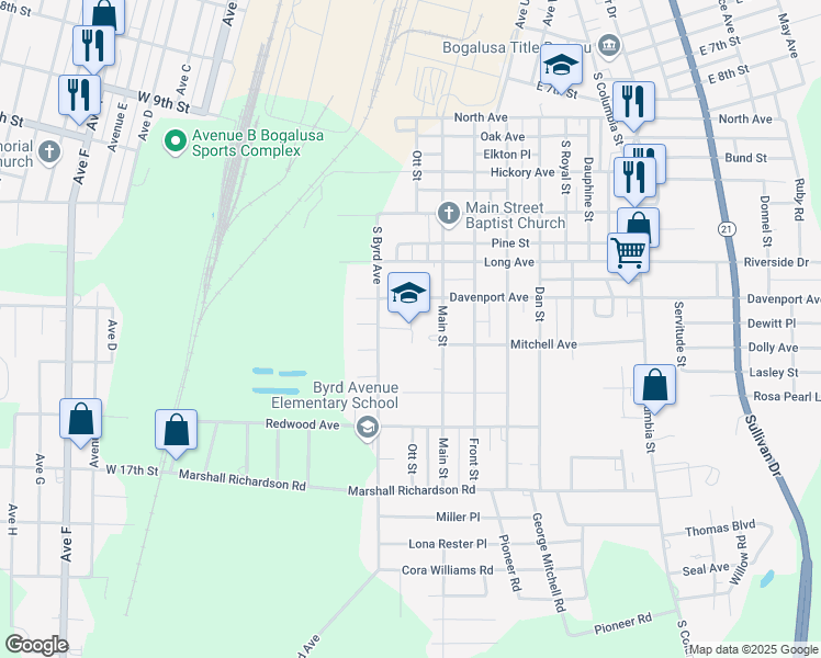 map of restaurants, bars, coffee shops, grocery stores, and more near 1600 Byrd Avenue in Bogalusa