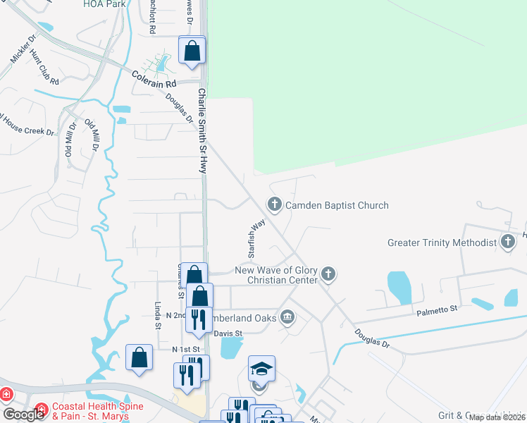 map of restaurants, bars, coffee shops, grocery stores, and more near 655 Ab Douglas Drive in St. Marys
