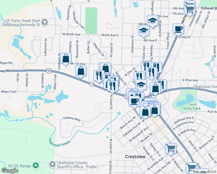 map of restaurants, bars, coffee shops, grocery stores, and more near 302 West James Lee Boulevard in Crestview