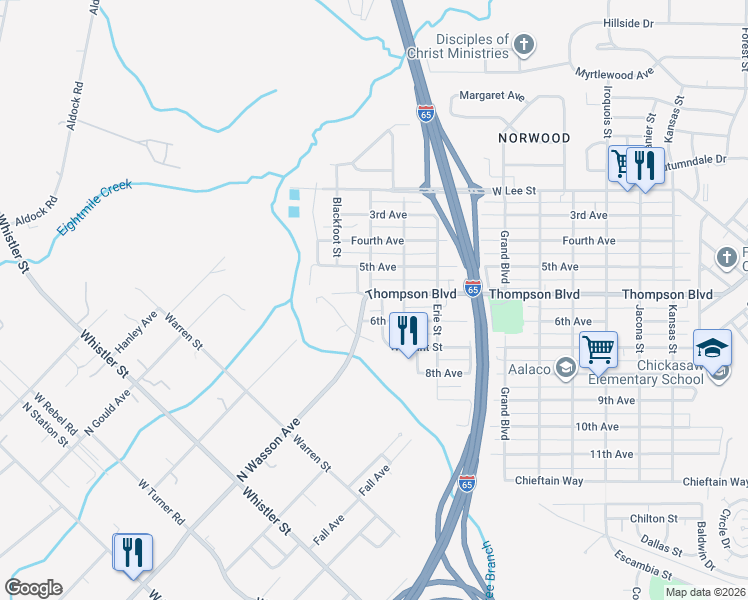 map of restaurants, bars, coffee shops, grocery stores, and more near 515 Thompson Boulevard in Chickasaw
