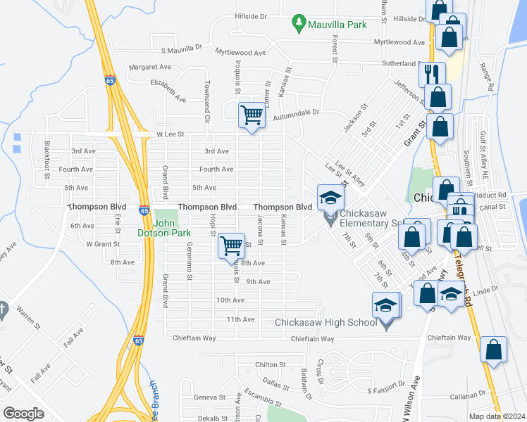 map of restaurants, bars, coffee shops, grocery stores, and more near 115 Thompson Boulevard in Chickasaw