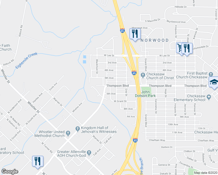 map of restaurants, bars, coffee shops, grocery stores, and more near 513 Thompson Boulevard in Mobile