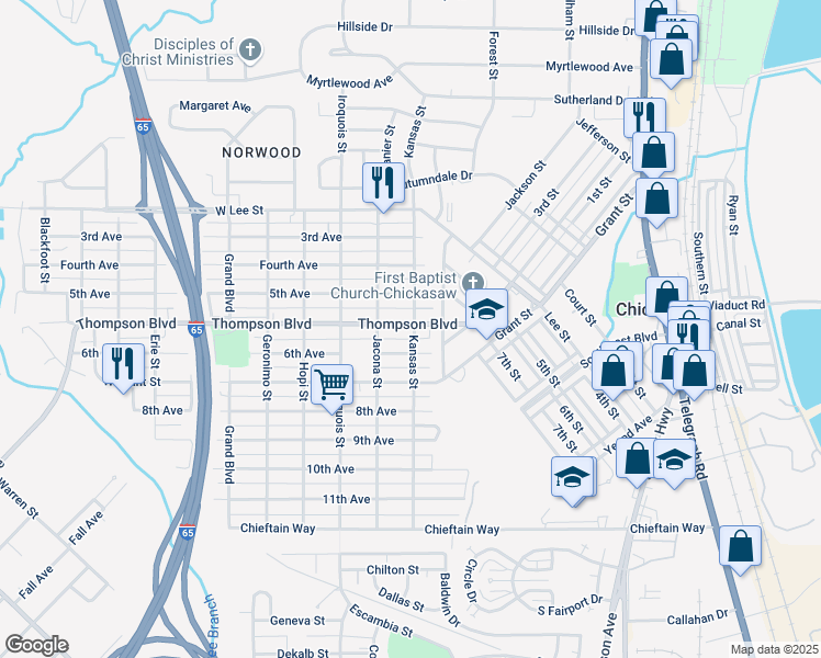 map of restaurants, bars, coffee shops, grocery stores, and more near 101 Thompson Boulevard in Chickasaw
