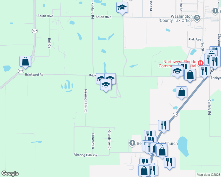 map of restaurants, bars, coffee shops, grocery stores, and more near 1535 Brickyard Road in Chipley