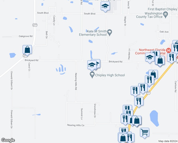 map of restaurants, bars, coffee shops, grocery stores, and more near 1545 Brickyard Road in Chipley