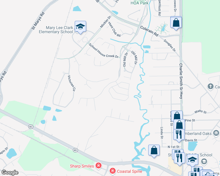 map of restaurants, bars, coffee shops, grocery stores, and more near 451 Creekside Drive in St. Marys