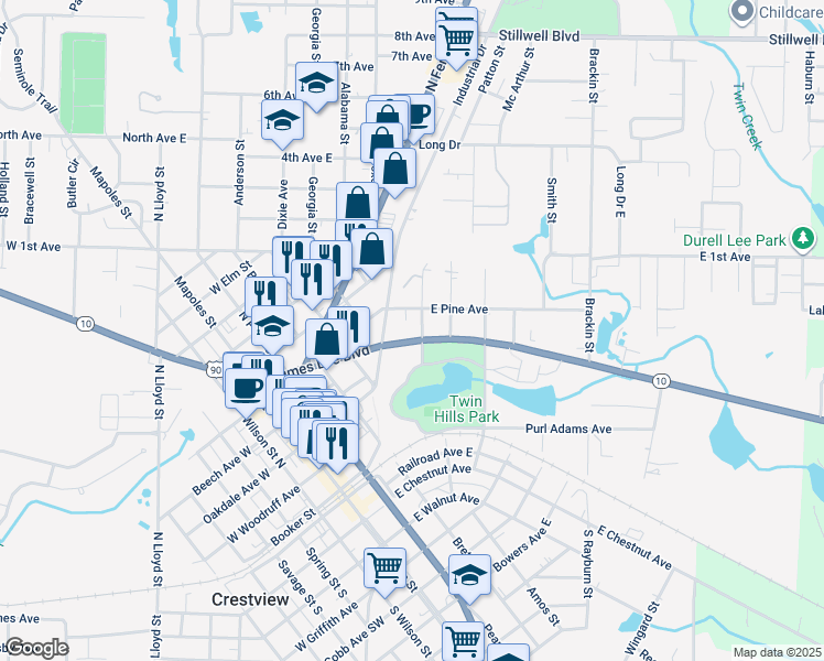 map of restaurants, bars, coffee shops, grocery stores, and more near 488 East James Lee Boulevard in Crestview