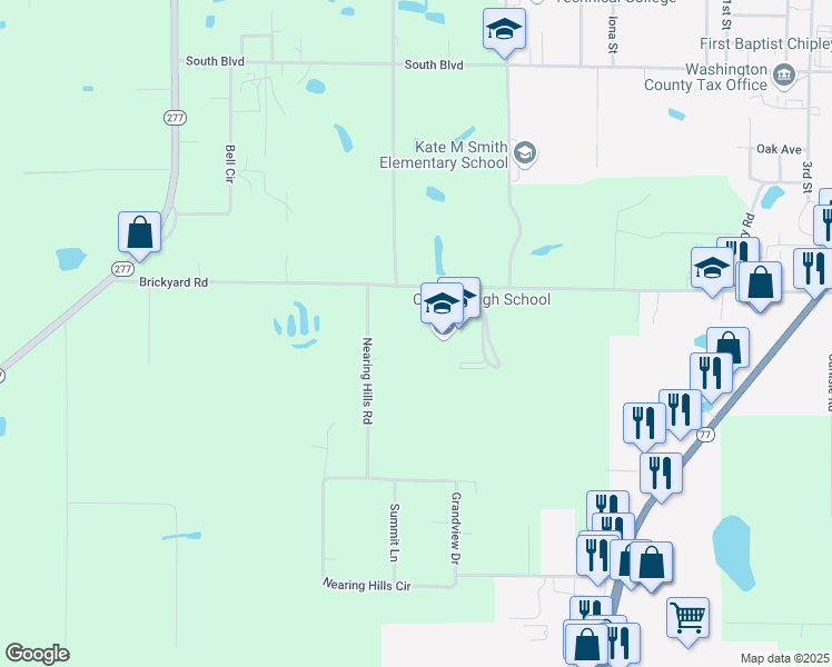 map of restaurants, bars, coffee shops, grocery stores, and more near 1545 Brickyard Road in Chipley