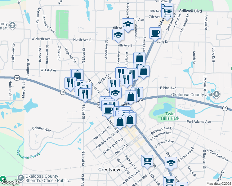 map of restaurants, bars, coffee shops, grocery stores, and more near 253 East Hickory Avenue in Crestview