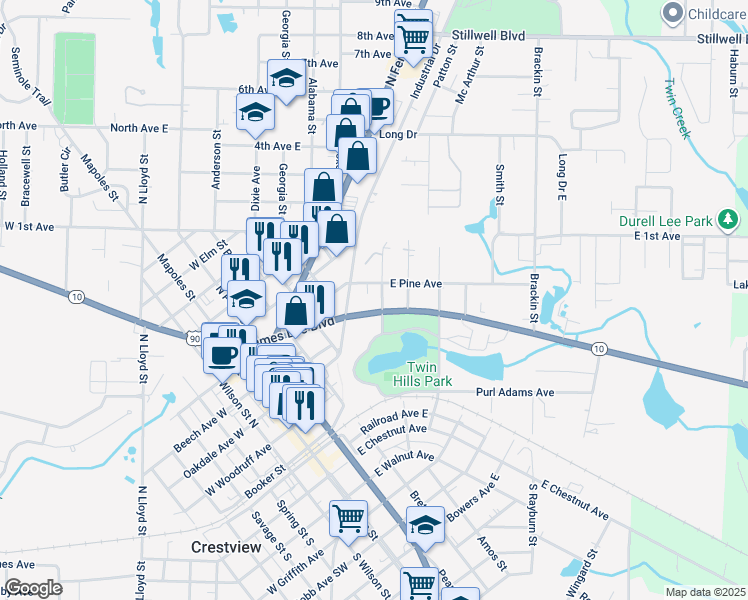 map of restaurants, bars, coffee shops, grocery stores, and more near 488 East James Lee Boulevard in Crestview