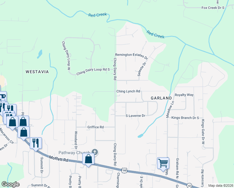 map of restaurants, bars, coffee shops, grocery stores, and more near 3490 Ching Dairy Road in Mobile