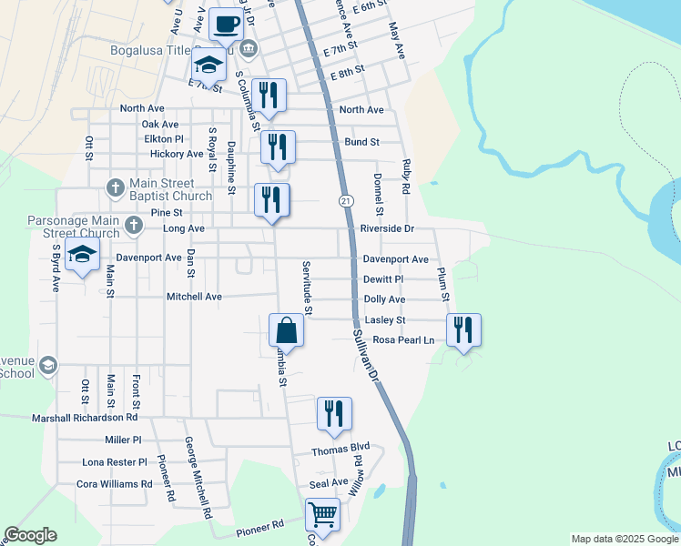 map of restaurants, bars, coffee shops, grocery stores, and more near 1729 Dewitt Place in Bogalusa