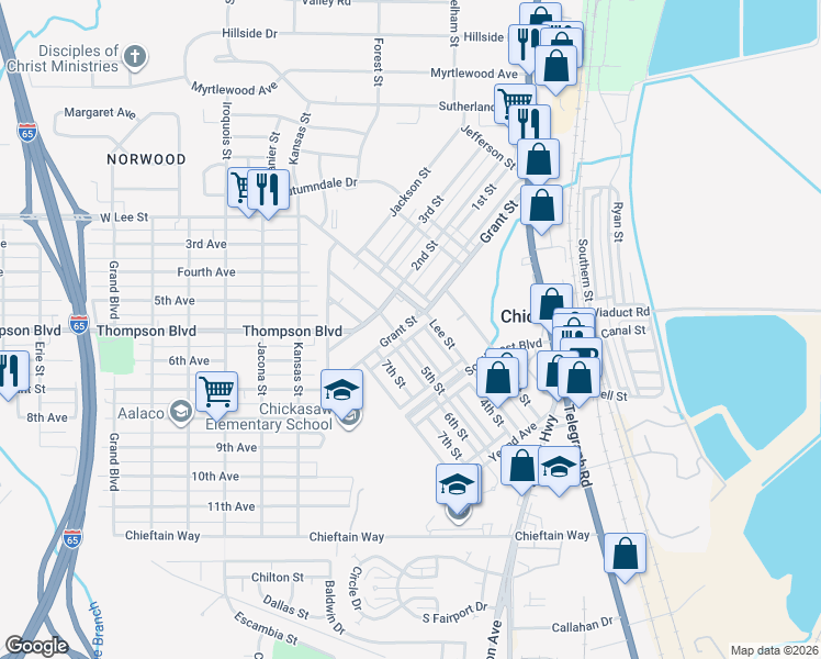 map of restaurants, bars, coffee shops, grocery stores, and more near 102 Grant Street in Chickasaw