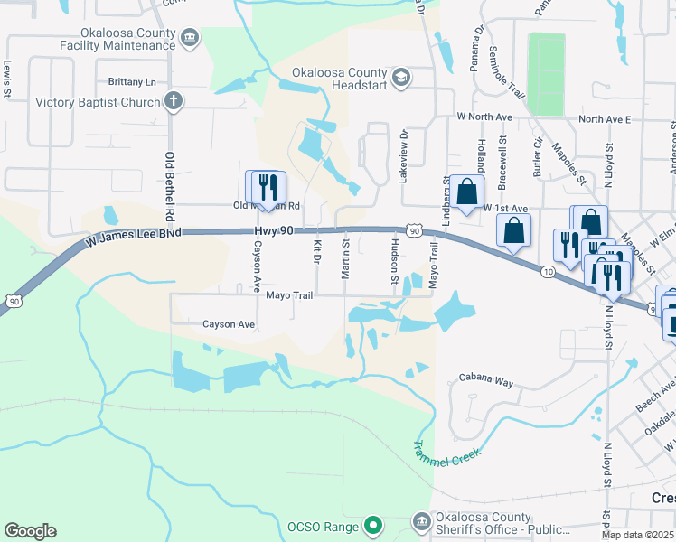 map of restaurants, bars, coffee shops, grocery stores, and more near 100 Martin Street in Crestview